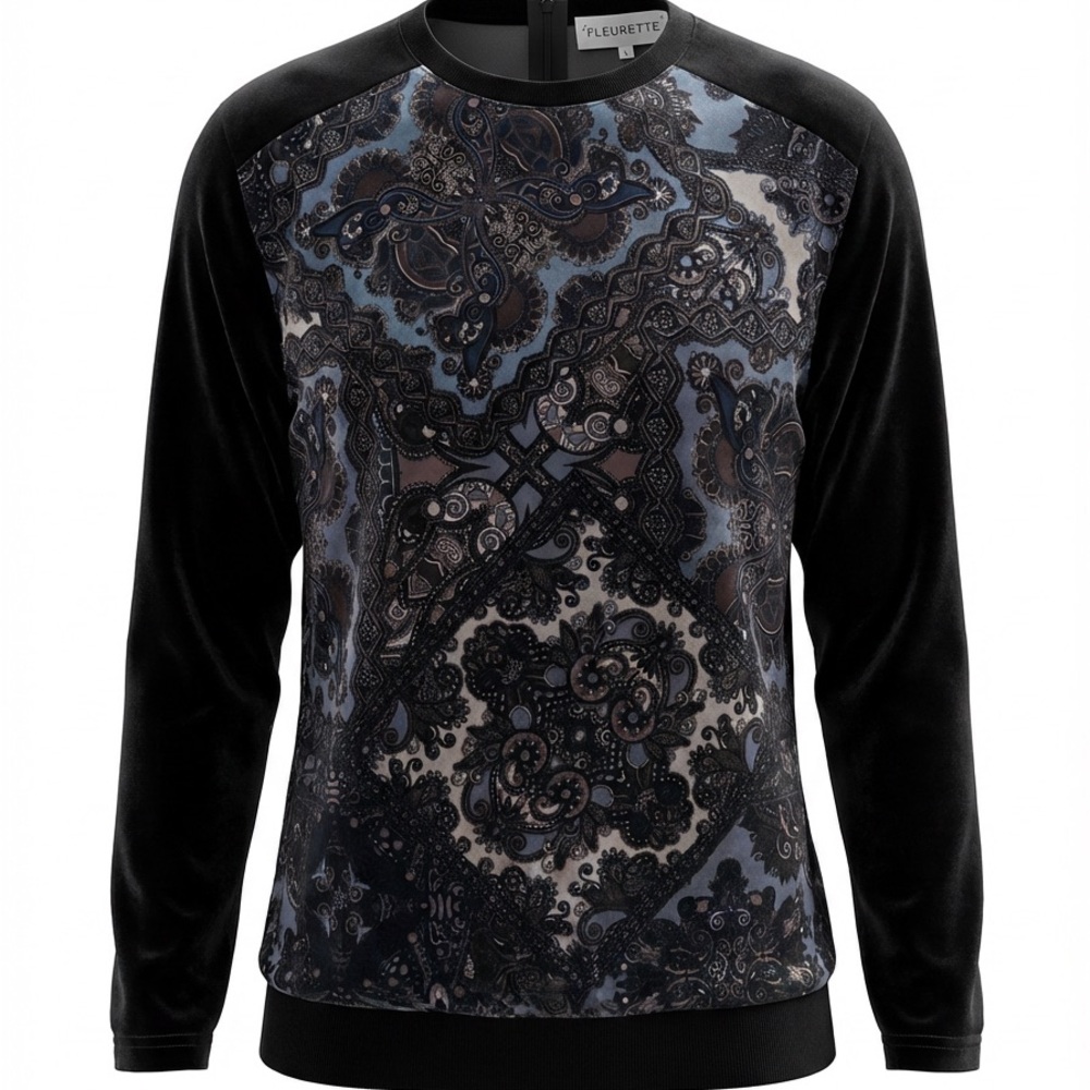 Fleurette Black and Blue Velvet Vintage Top Sz Large Woman’s
